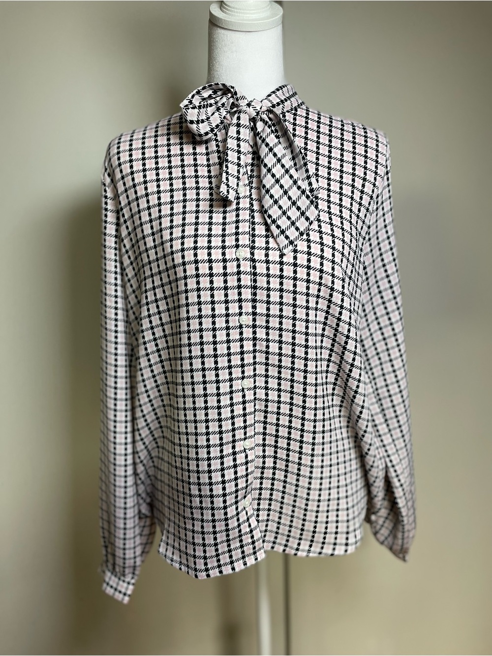Forever 21 Pink and Black Plaid Tie-Neck Blouse